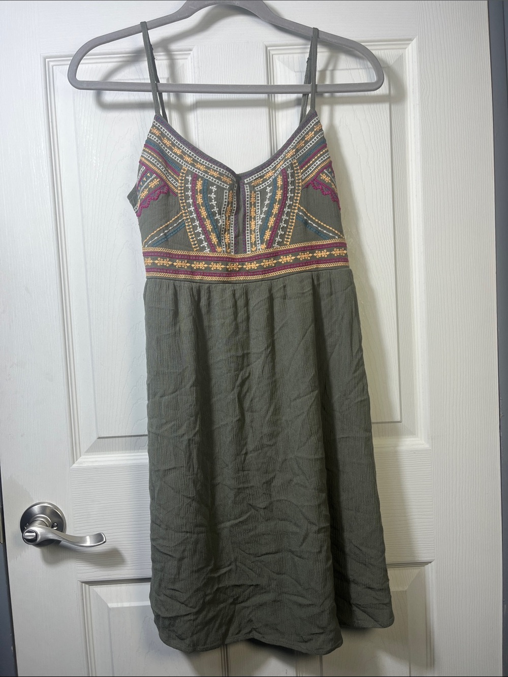 Maurices Olive Green Mini Dress with Multicolor Embroidered Bodice